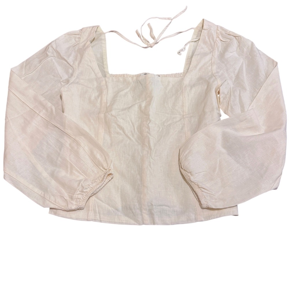 GAP Wmns Cream Linen Blend Puff Sleeve Smocked Back Blouse Romantic Fairy Boho S